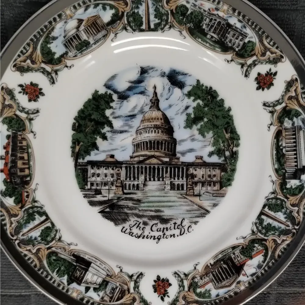 Vintage US Capitol Washington DC Souvenir Plate Multi View Landmarks Japan Gold